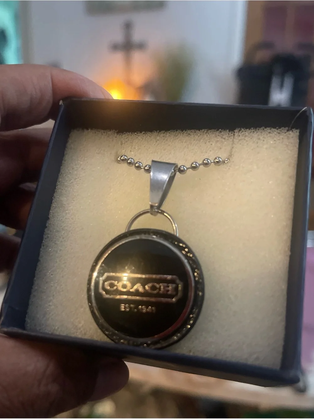 Coach Black with Silver Circular Pendant Necklace with Silver-Tone Hardware